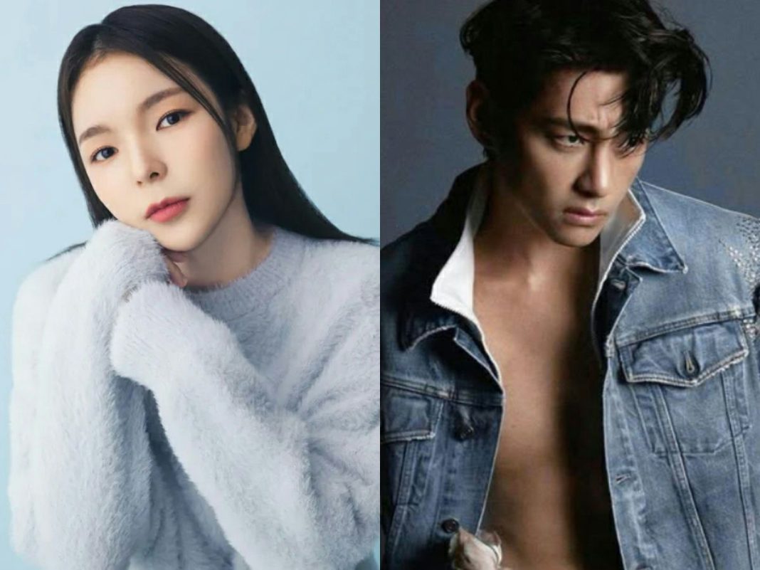 people-The woman on the left is likely **Kim Bo-ra (or Bora)**, known for her visuals and sometimes mistaken for other K-pop idols-A-fluffy light blue sweater-A-long straight black hair-B-The man on the right is likely **Lee Min-ki**-B-unbuttoned denim jacket revealing chest-C-serious expression
