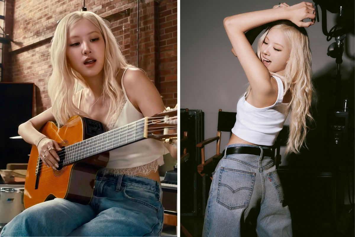 people-Rosé (BLACKPINK)-playing guitar-A-white camisole-A-light-wash denim jeans-B-white cropped tank top-B-posing with arms raised-C
