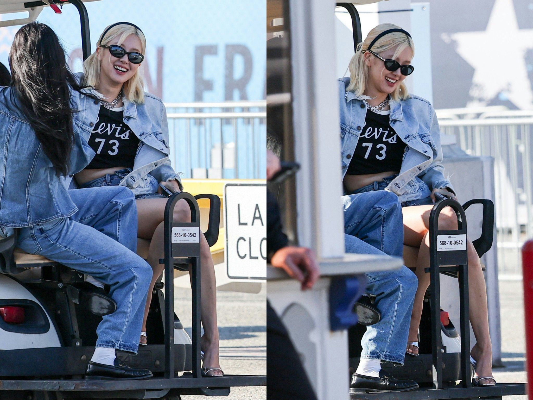 people-Rosé (of BLACKPINK)-A-golf cart-A-denim jacket-A-Levi's crop top-B-sunglasses-B-blonde hair-C-outdoor setting