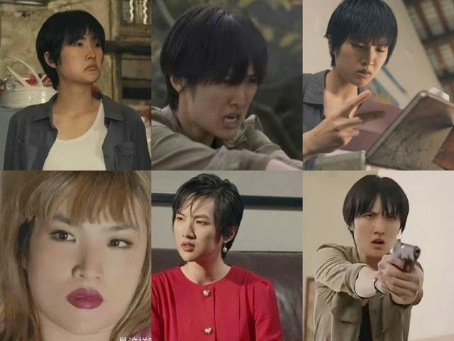 people-René Liu-collage-actress-various roles-short black hair-woman with gun