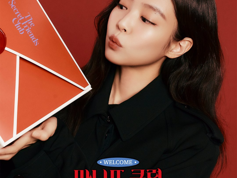 people-Jennie (Blackpink)-holding an envelope-black collared shirt-red background-kissing pose