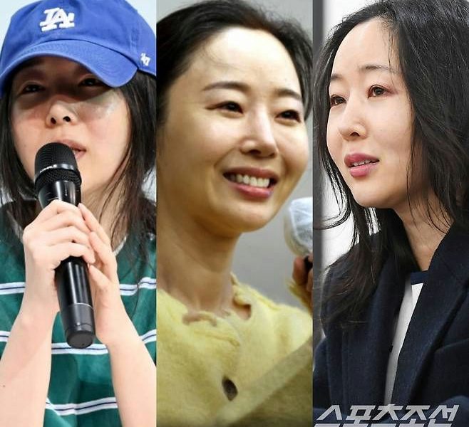 people-Kim Hyo-jin-actress-speaking into microphone-blue Dodgers cap-yellow sweater-dark hair-dark blazer