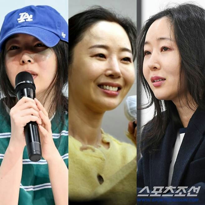 people-Kim Hyo-jin-actress-speaking into microphone-blue Dodgers cap-yellow sweater-dark hair-dark blazer