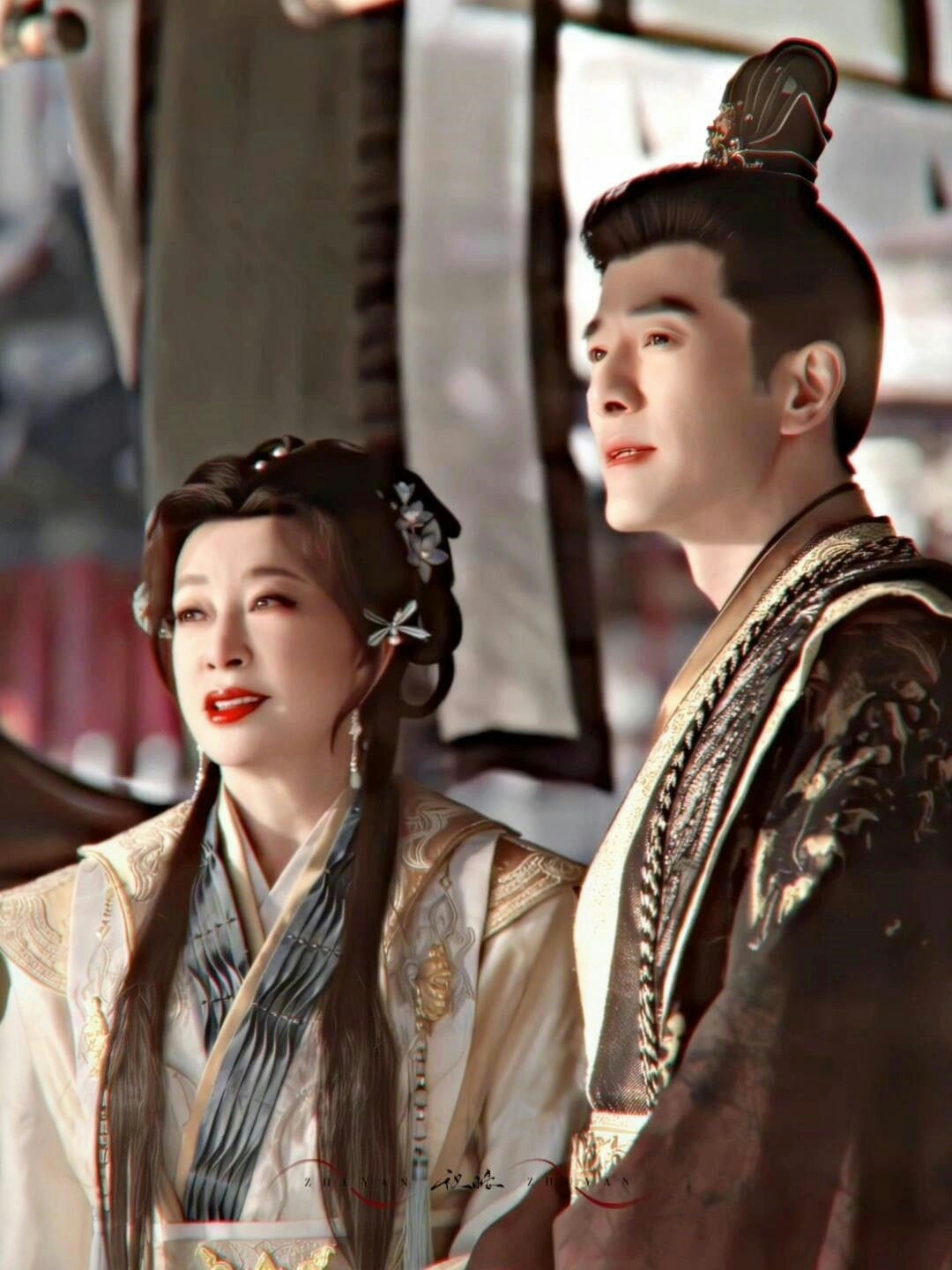 people-Chinese historical drama actors-woman in traditional costume-man in traditional costume-looking up-pale makeup-red lips