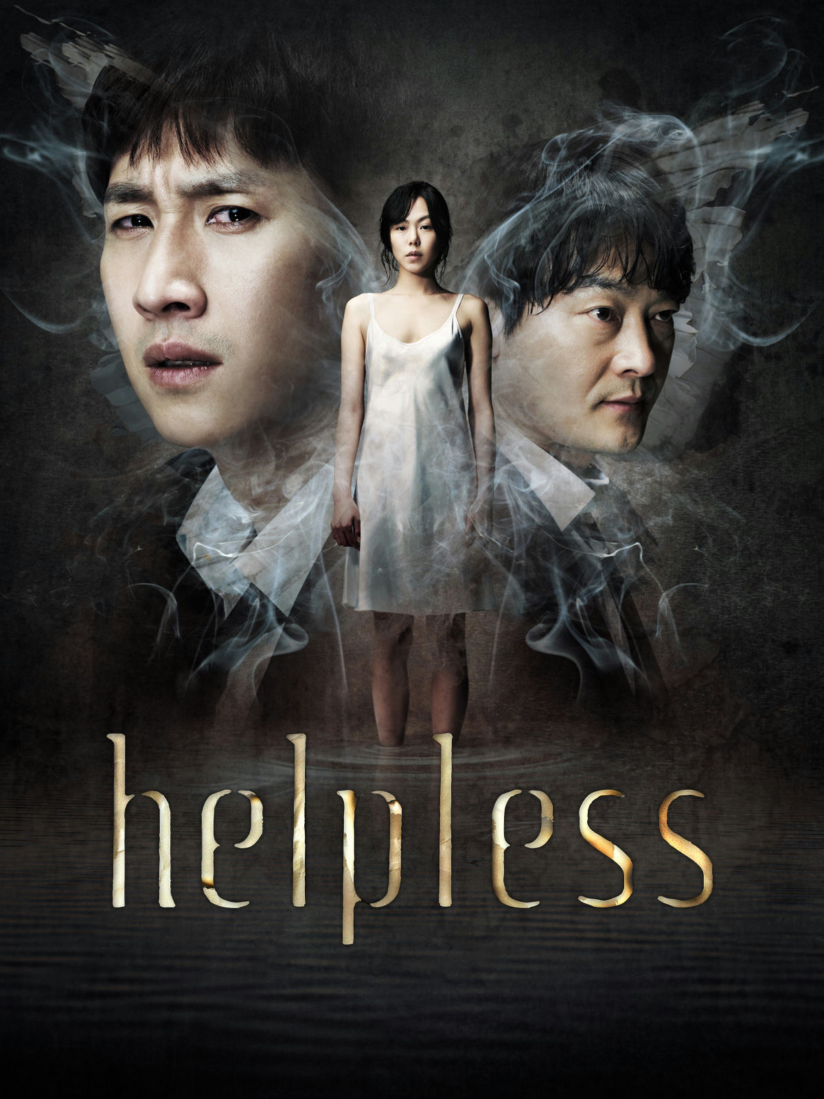 people-Korean actors-A-mystery film poster-A-dramatic lighting-A-woman in white slip-A-two men's faces-A-smoke effect