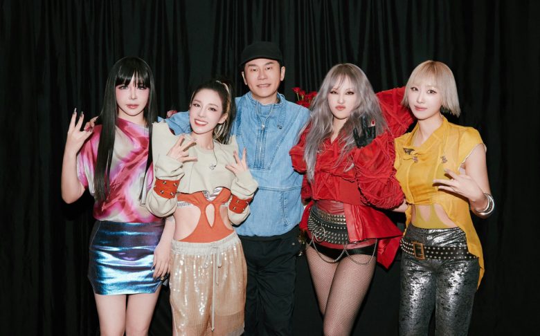 people-4 women and 1 man-K-pop-A-pop group-A-denim outfit-A-red outfit-A-metallic skirts and pants-A-stage performance attire