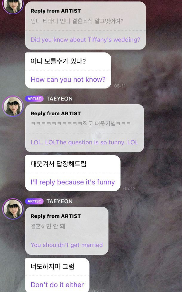 people-Taeyeon-chat conversation-Taeyeon-Q&A-Tiffany's wedding-Taeyeon-advice on marriage