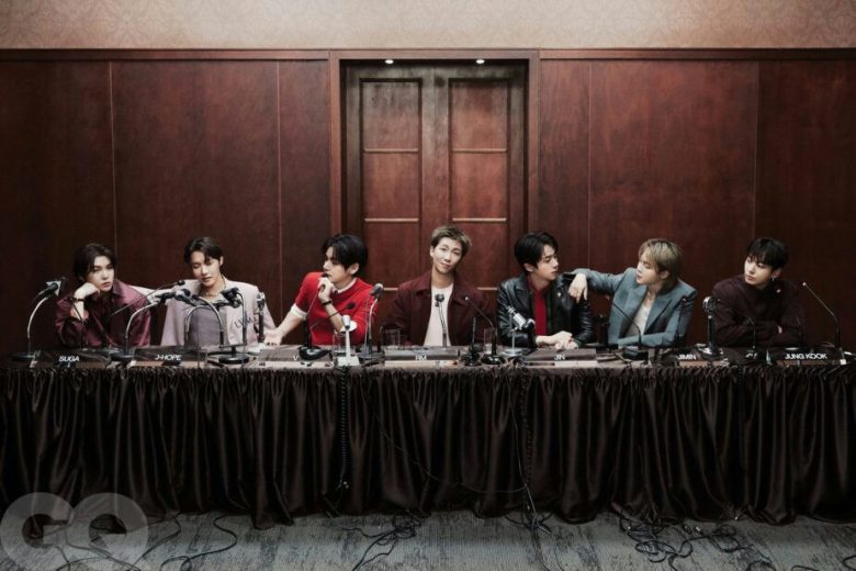people-BTS-RM-J-Hope-Suga-Jin-Jimin-Jungkook-V-press conference-seated at table-formal attire-microphones