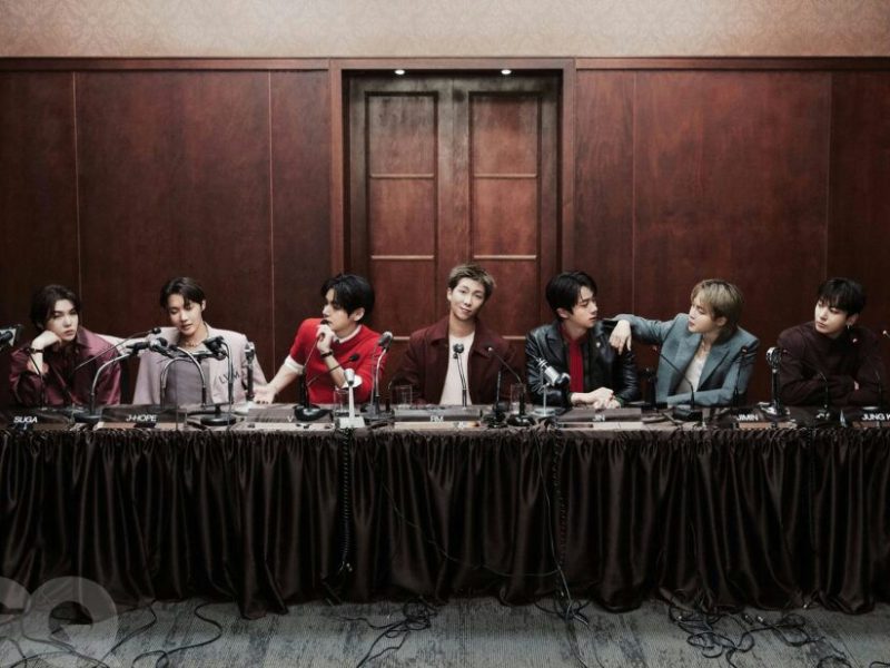 people-BTS-RM-J-Hope-Suga-Jin-Jimin-Jungkook-V-press conference-seated at table-formal attire-microphones