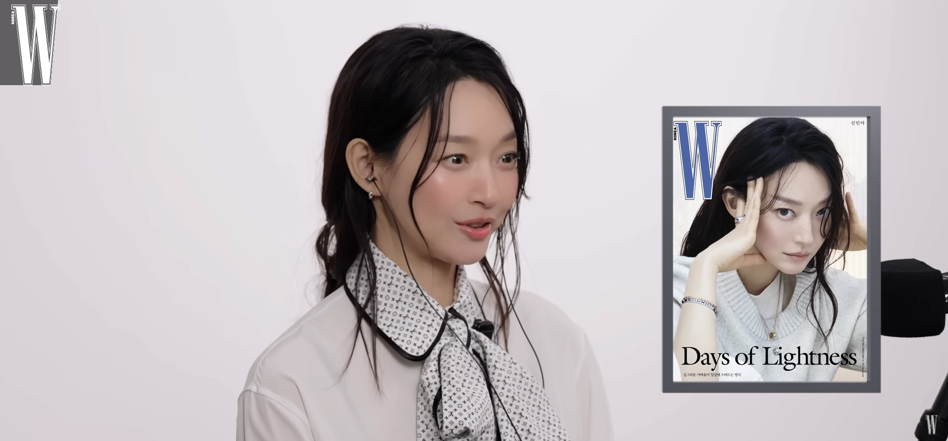 people-Shin Min Ah-W Korea magazine cover-white blouse with patterned necktie-light makeup-earrings-Days of Lightness