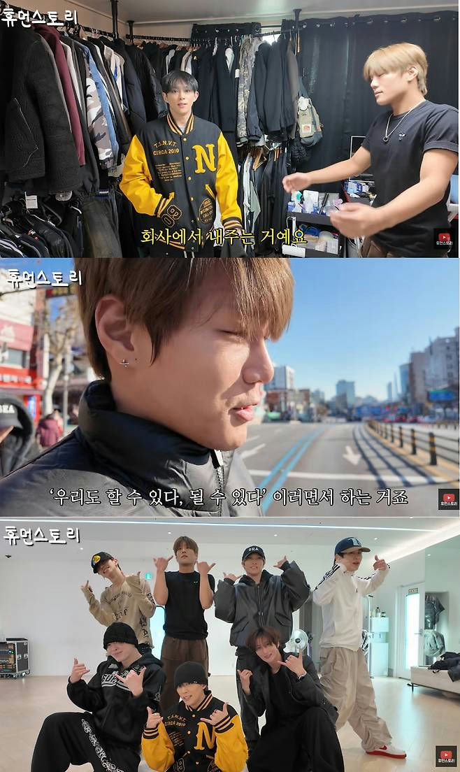 people-Group of male performers-A-Variety show footage-B-Casual clothing-C-Thumbs-up gesture