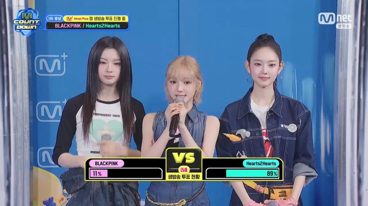 people-Three young women on a brightly lit stage with a blue background-Music show voting screen-K-pop-M Countdown-BLACKPINK-Hearts2Hearts