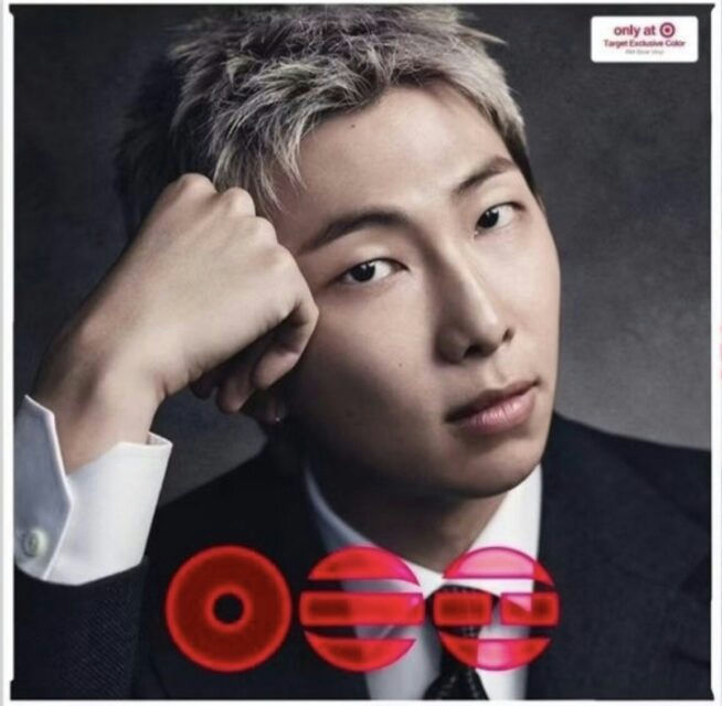 people-RM (Kim Namjoon of BTS)-Target exclusive vinyl record cover-suit-platinum blonde hair-red graphic design