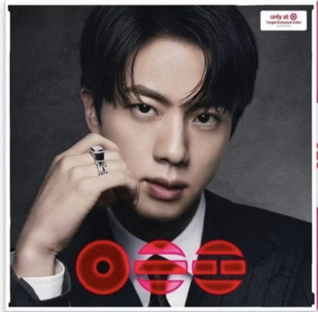 people-Jin (of BTS)-black suit-A-ring-A-Target exclusive color-B-red logo graphic-C