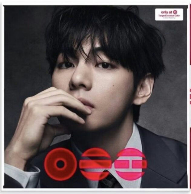 people-V (Kim Taehyung of BTS)-dark suit-A-holding hand near mouth-B-red circular graphics-C-Target exclusive color logo