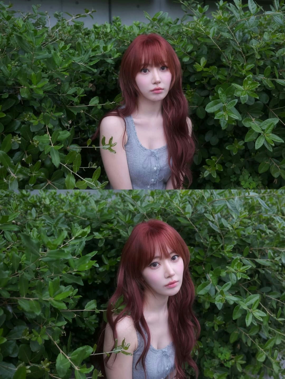 people-Korean woman-A-red hair-A-green foliage-B-grey tank top-C-outdoor portrait
