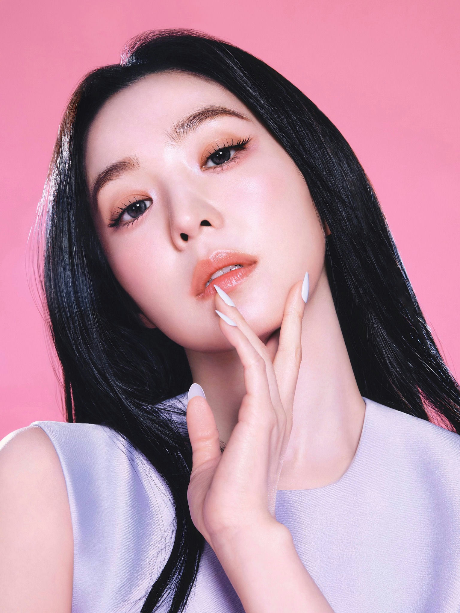 people-Irene (Red Velvet)-pink background-A-long black hair-A-light purple top-B-delicate makeup-C