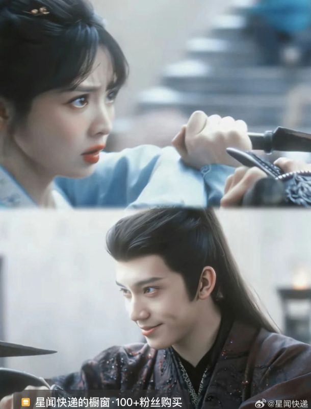 people-Yang Zi-in a historical costume with an intense expression while clashing swords with-Cheng Yi-who is smiling slightly with his dark hair styled up and long in the back-action scene-dramatic lighting