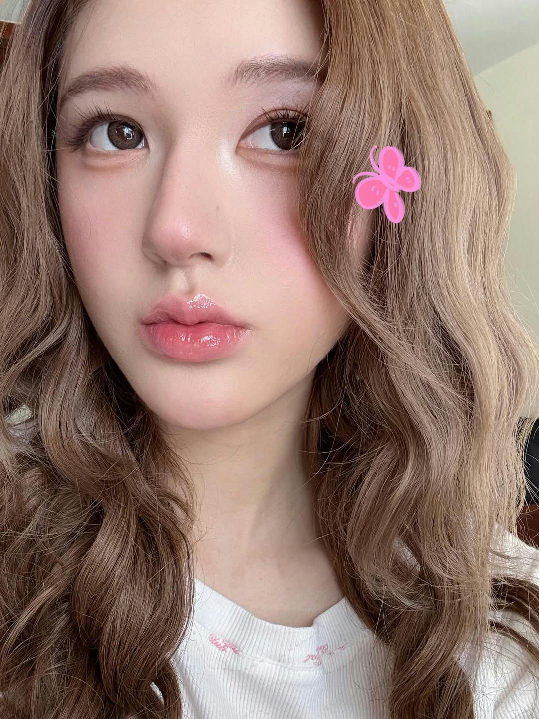 people-K-pop-idol-A-long-brown-wavy-hair-B-glossy-pink-lips-C-pink-butterfly-sticker