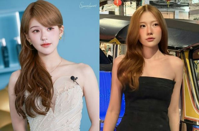 people-Asian woman-A-two styles-B-long brown hair-C-formal dress and casual top