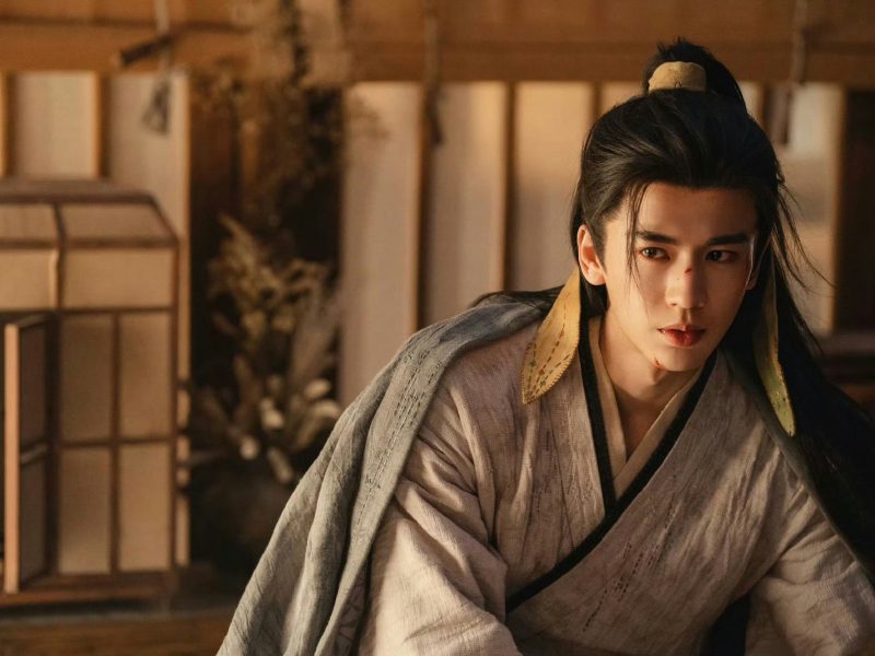 people-Liu Yexi (actor playing the role)-young man-long black hair-East Asian descent-historical costume-minor facial injury-intense gaze-indoor setting