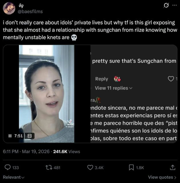 people-Woman speaking in a video-TikTok video-K-pop idol exposure-Sungchan from RIIZE-Korean netizens