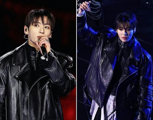 people-Jungkook (BTS)-black leather jacket-A-performing-keyword-B-stage lighting-keyword-C-microphone