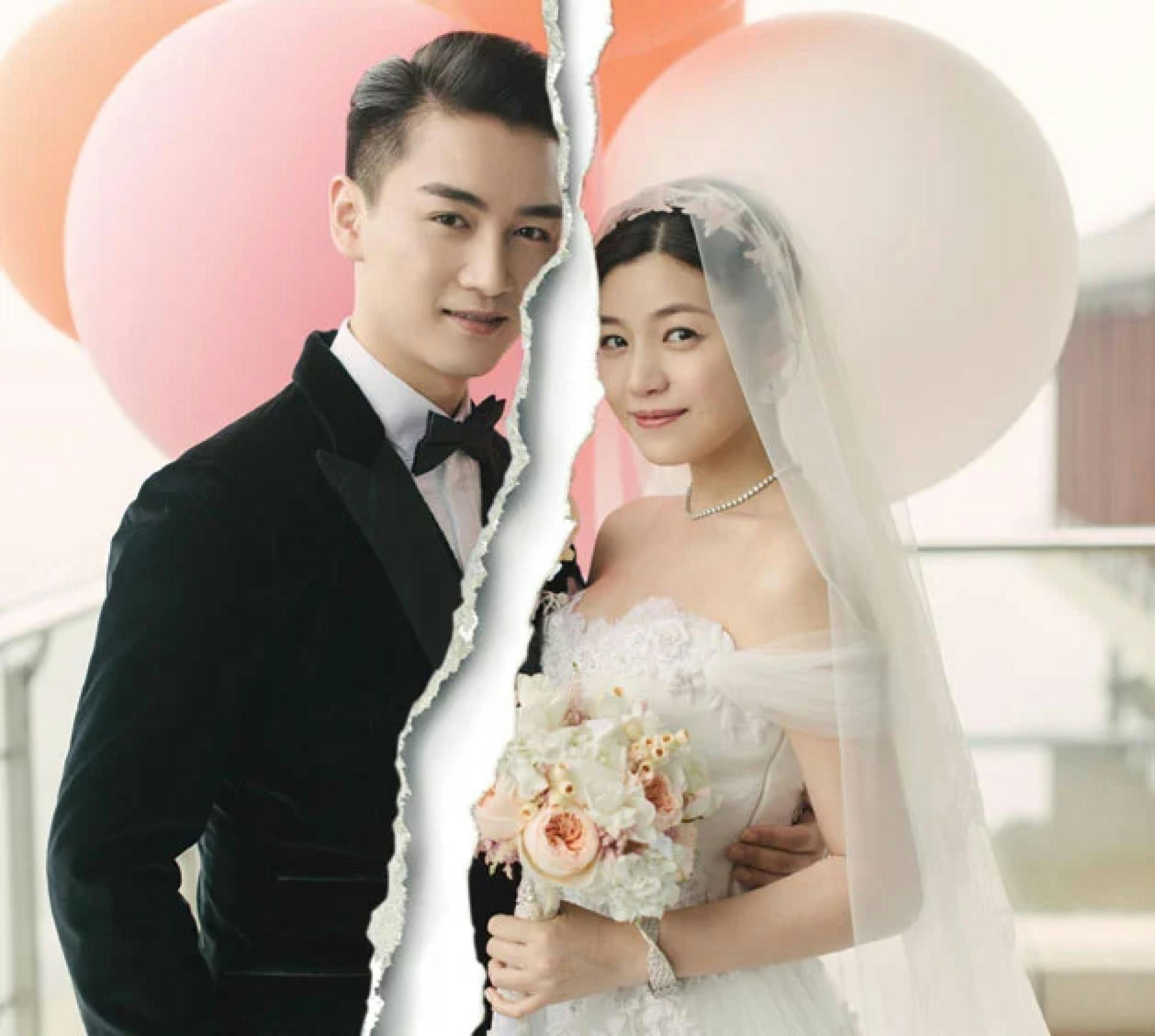 people-Asian man in black tuxedo and bowtie and Asian woman in white wedding dress and veil holding a bouquet, with a torn paper effect separating them-wedding-split image-marriage-divorce