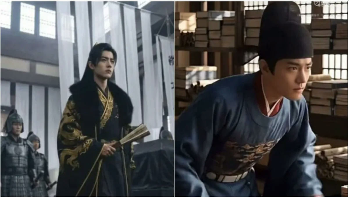 people-Xiao Zhan-historical drama costume-A-black and gold robe with fur collar-B-blue scholar's outfit with black hat-C-two different scenes