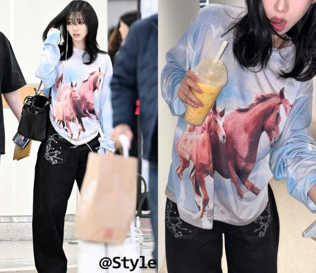 people-female-K-pop-idol-A-long-sleeved-graphic-t-shirt-with-horses-B-black-wide-leg-pants-with-embroidery-C-casual-airport-fashion