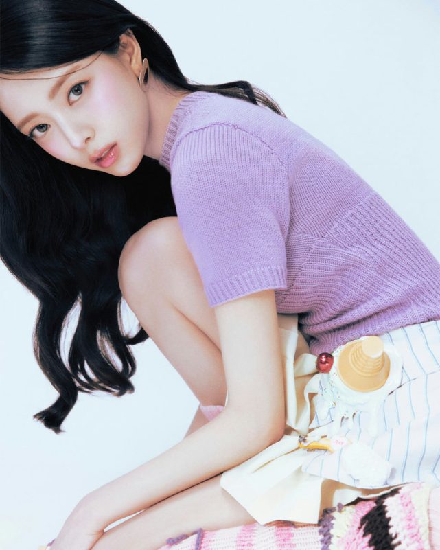 people-Tzuyu (TWICE)-purple knit top-crouching pose-ice cream cone accessory-long black hair