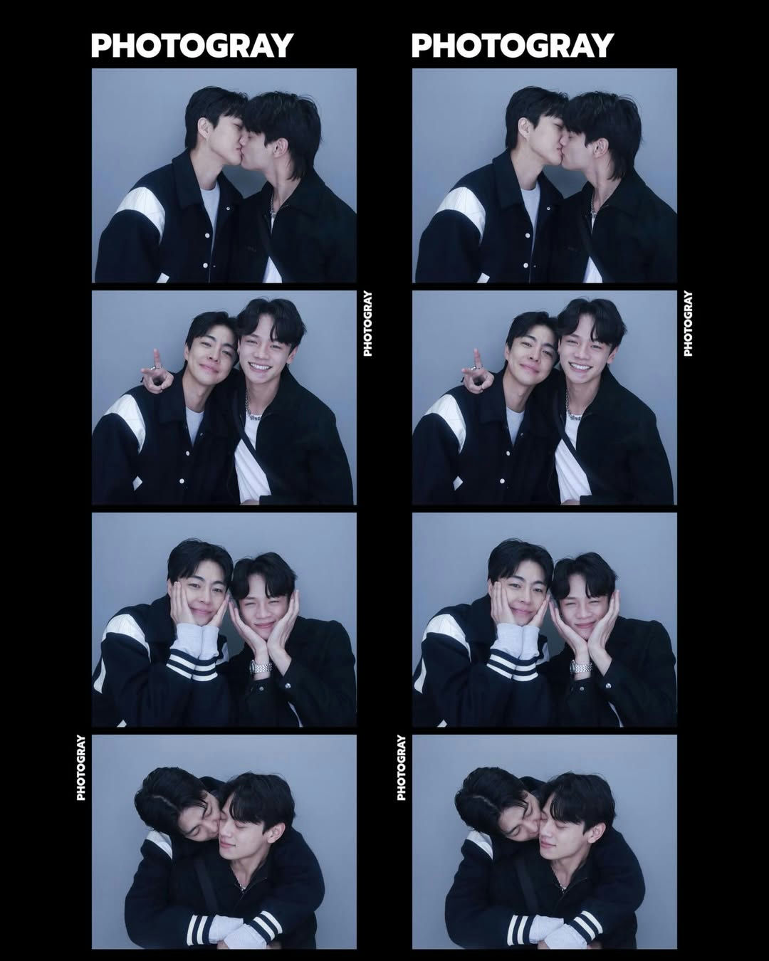 people-Two young men-A-Photobooth strip-A-Kissing-B-Smiling and posing with hands on cheeks-C-Hugging and kissing cheek