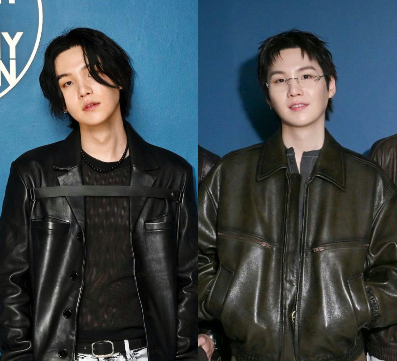people-Suga of BTS-black leather jacket-mesh shirt-dark green leather bomber jacket-Yugyeom of GOT7