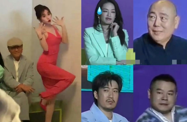 people-female in red jumpsuit posing-male in light suit and cap sitting-female celebrity with sweat drop emoji-bald male celebrity looking to side-male celebrity with mustache looking ahead-chubby male celebrity smiling