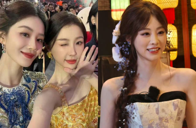 people-Zhao Lusi and Zhao Liying-posing together-Zhao Lusi-winking-Zhao Liying-flower in hair-event setting