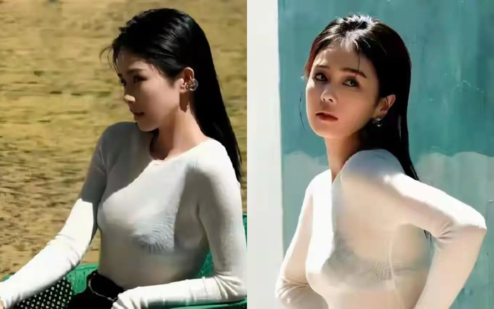people-Asian female model-A-white long-sleeved top-A-dark hair-B-outdoor setting-C-two panel image