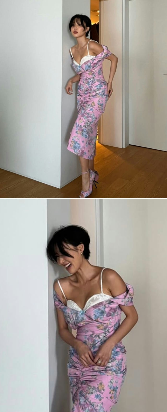 people-Choi Soo-young-pink floral dress-A-short black hair-B-white lace camisole/bra visible-C-leaning against a corner