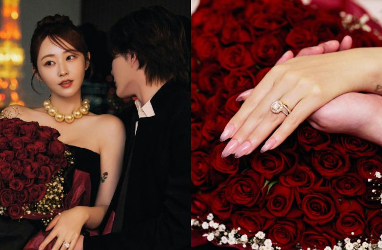 people-Park So-yeon-woman in black strapless dress-A-large pearl necklace-A-holding bouquet of red roses-B-engagement ring on left hand-C-man in black suit partially visible