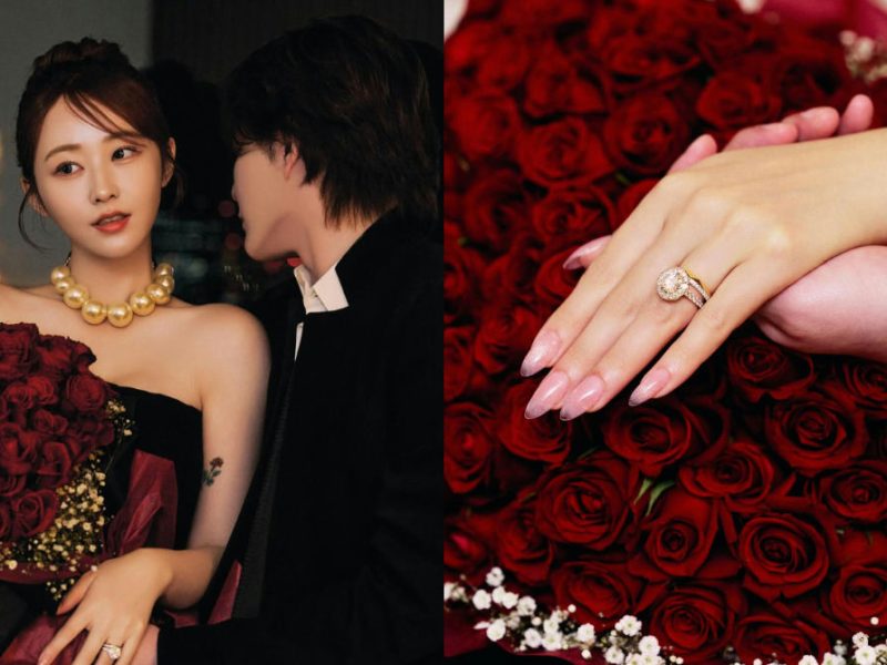 people-Park So-yeon-woman in black strapless dress-A-large pearl necklace-A-holding bouquet of red roses-B-engagement ring on left hand-C-man in black suit partially visible