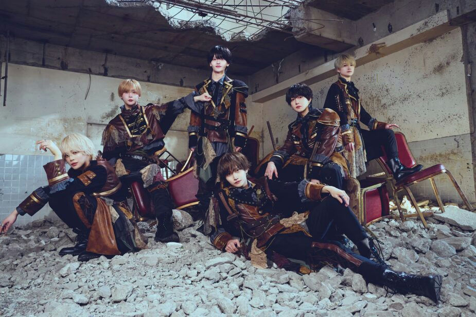people-five young men-A-Japanese idols-A-J-rock aesthetic-A-steampunk fashion-B-dilapidated indoor setting-B-rubble and debris-C-posed group shot