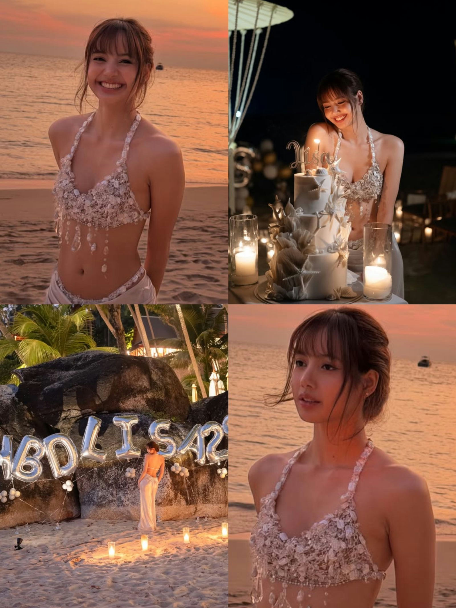 people-Lisa (BLACKPINK)-birthday celebration-beach setting-sunset-cake and candles